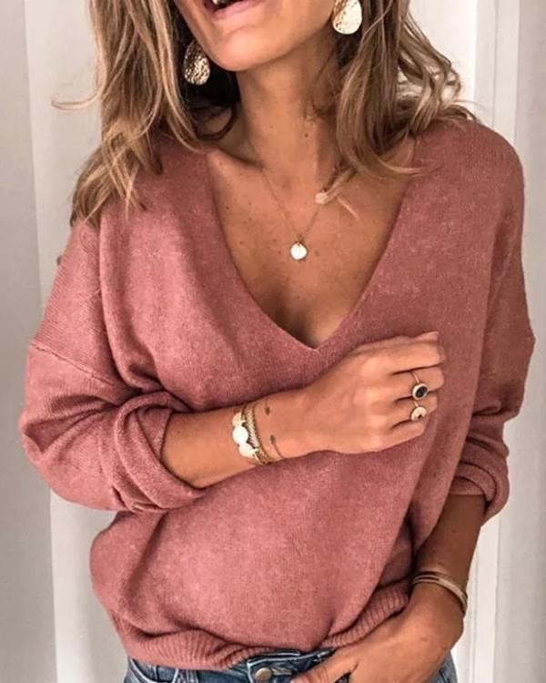 Plus Size Casual Solid V Neck Long Sleeve Sweater