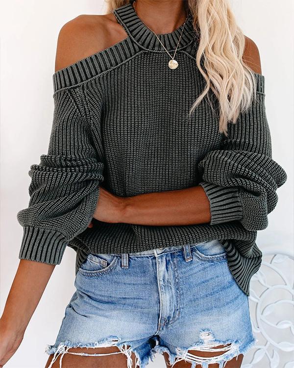 Solid Color Halter Knitting Long Sleeve Off Shoulder Sweater