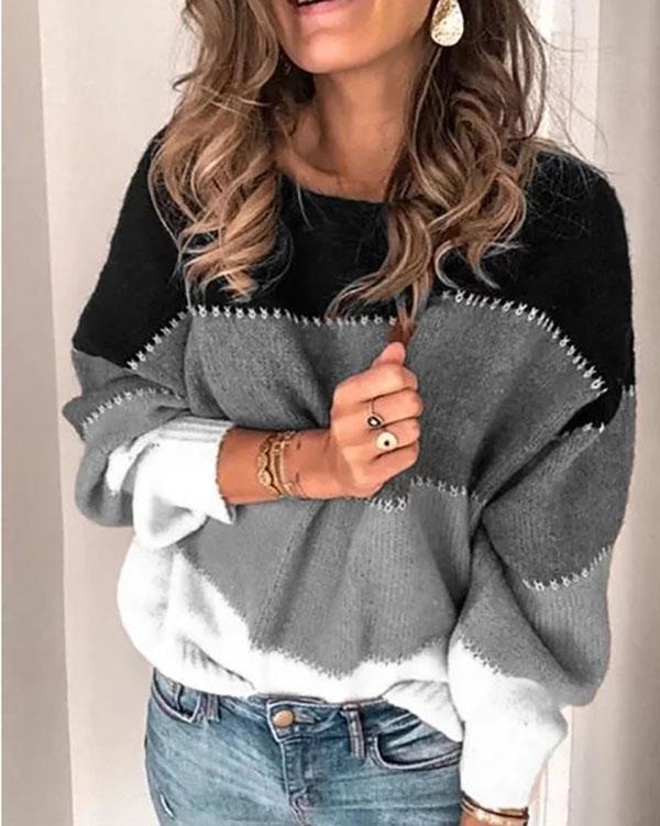Color-block Long Sleeve Casual Crew Neck Sweater