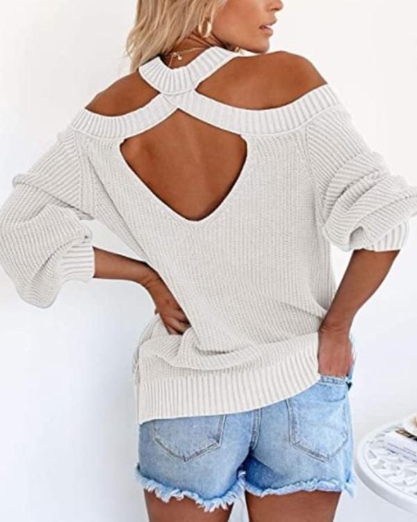 Solid Color Halter Knitting Long Sleeve Off Shoulder Sweater