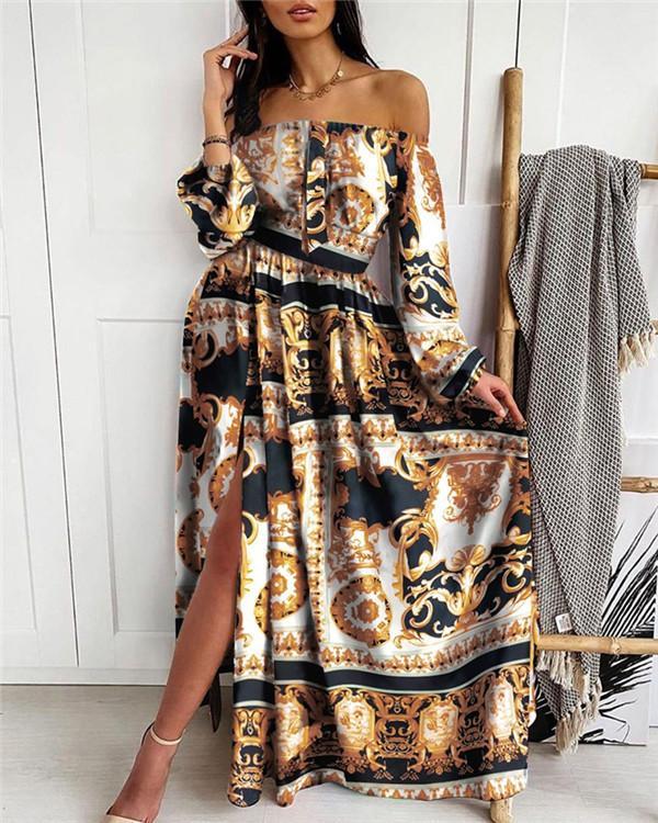 Print Long Sleeves A-line Casual Maxi Dresses