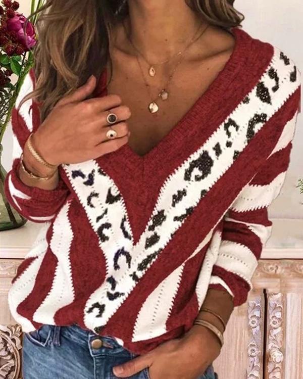 Leopard-Print V-neck Stripes Long Sleeve Casual Sweatshirt