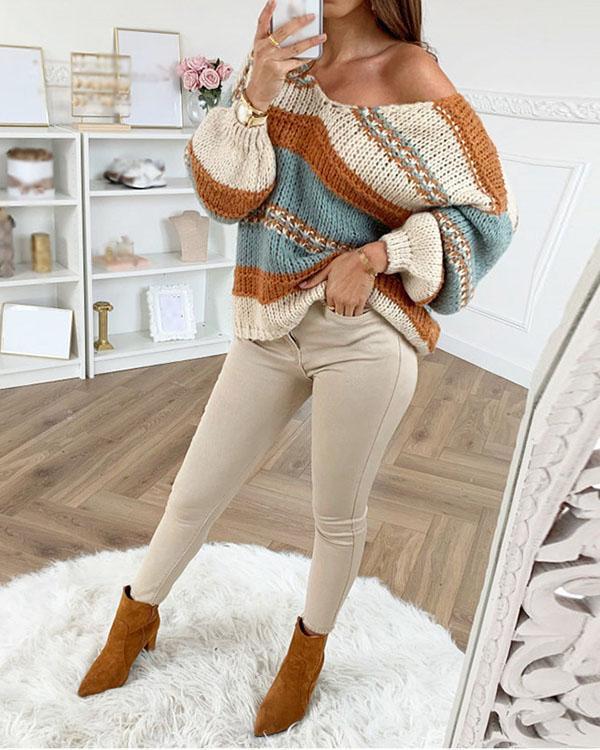 Orange Color Block One-shoulder Long Sleeve Oversize Pullover Sweater