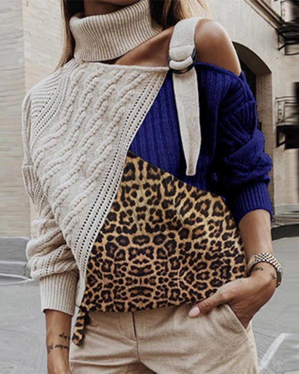 Fashion Leopard Print High Neck Splicing Sweater