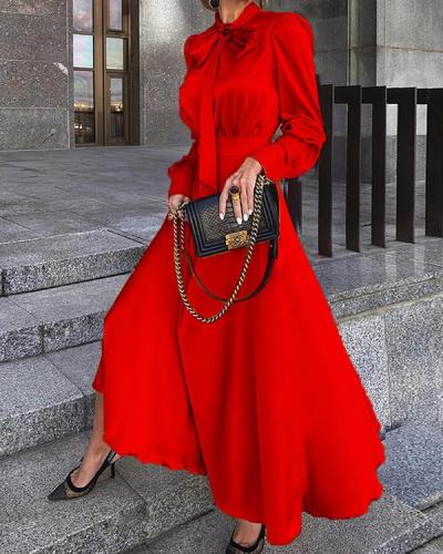 Bow Collar Ankle-Length Long Sleeve Plain Women's Dress