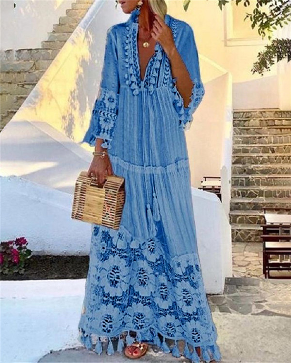 Elegant Bohemian Lace Holiday V Neck Maxi Dress