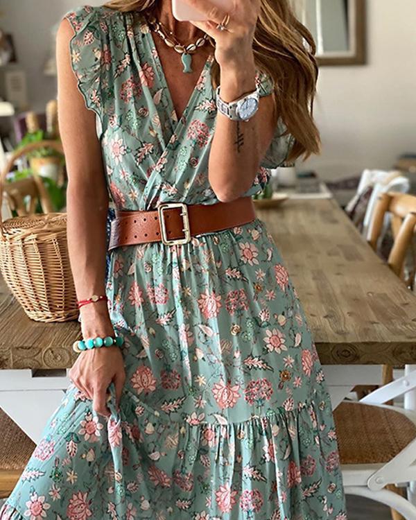 Floral Print Bohemian Dress Ruffled Sleeveless Maxi Dress with Belt