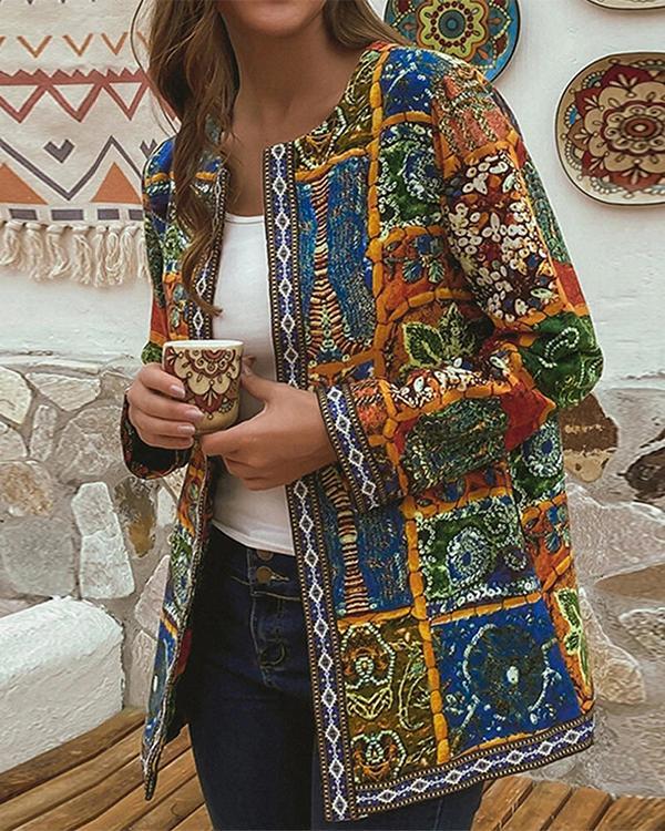 Cotton Ethnic Print Patchwork Ribbon Plus Size Jackets