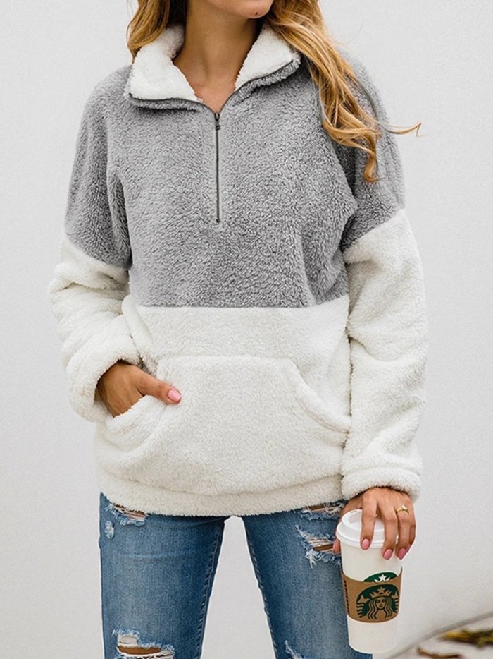 Color Block Turtleneck Long Sleeve Teddy Bear Fluffy Sweatshirts