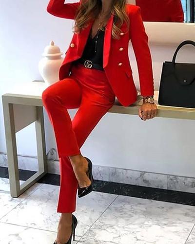 Solid Long Sleeve Lapel Double Breasted Jackets Sets