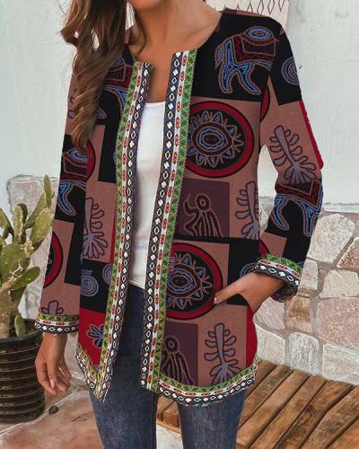 Women Vintage Ethnic Print Webbing Patchwork Plus Size Jackets