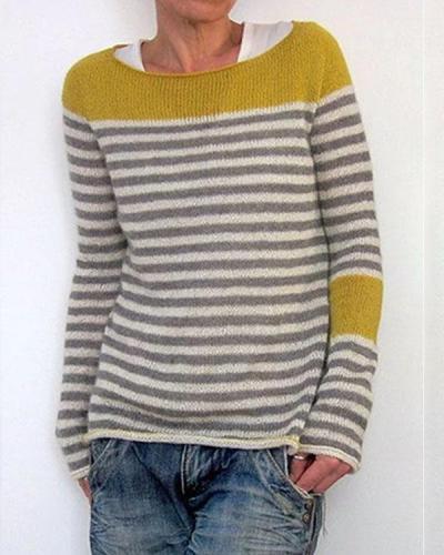 Striped Buttoned Color-block Knitted Tops Sweaters