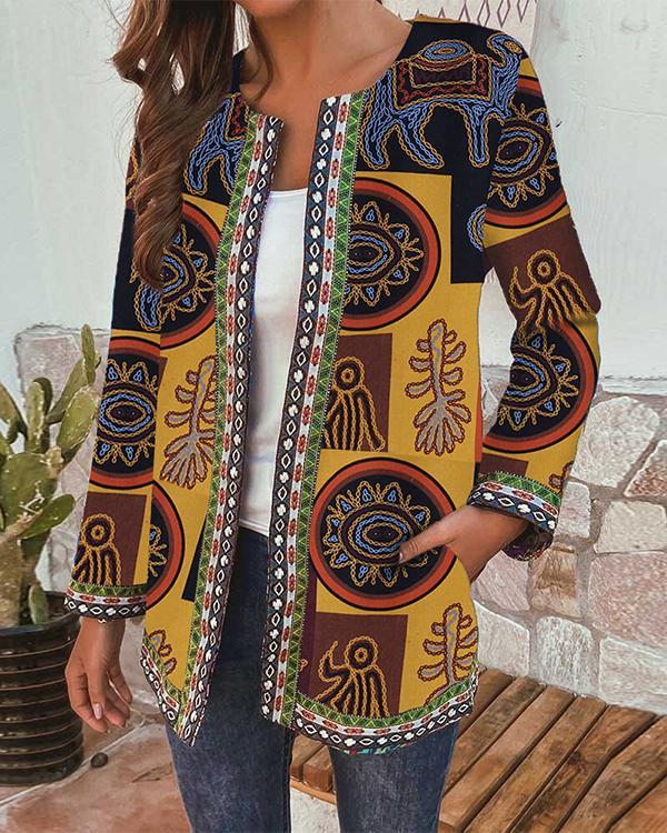 Women Vintage Ethnic Print Webbing Patchwork Plus Size Jackets