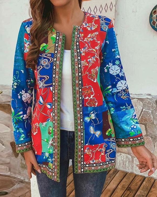 Vintage Ethnic Style Floral Print Patchwork Plus Size Jackets