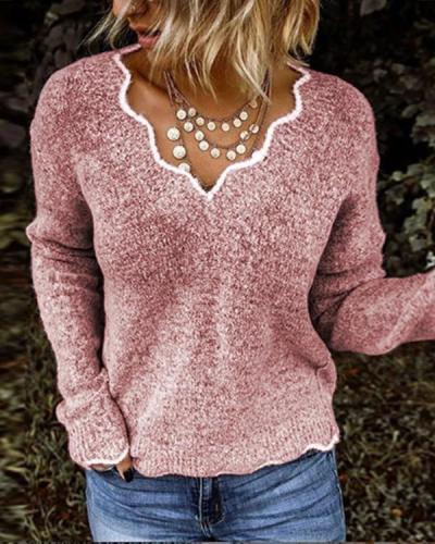 Solid Colors Knit Pullover With V-neck