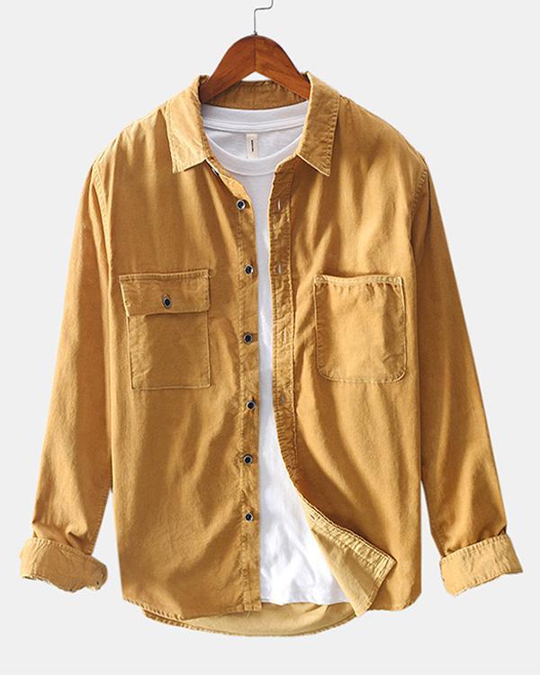 Mens Corduroy Solid Color Chest Pockets Long Sleeve Casual Shirts