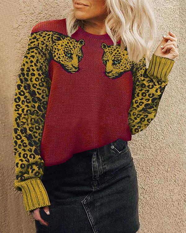 Women's Sweaters Casual Leopard Printed Patchwork Long Sleeves Sweater
