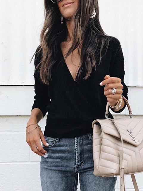 Solid Color Deep V Long Sleeve Sweater