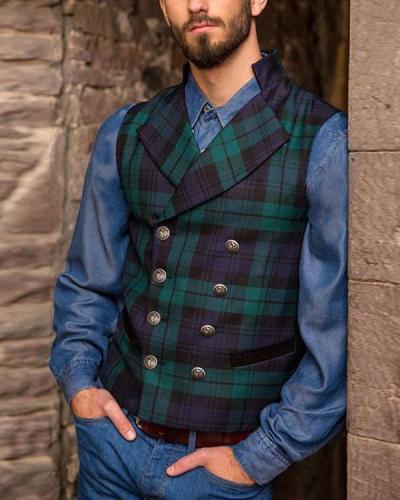 Men's Casual Plaid Double-Breasted Vests Men Tops