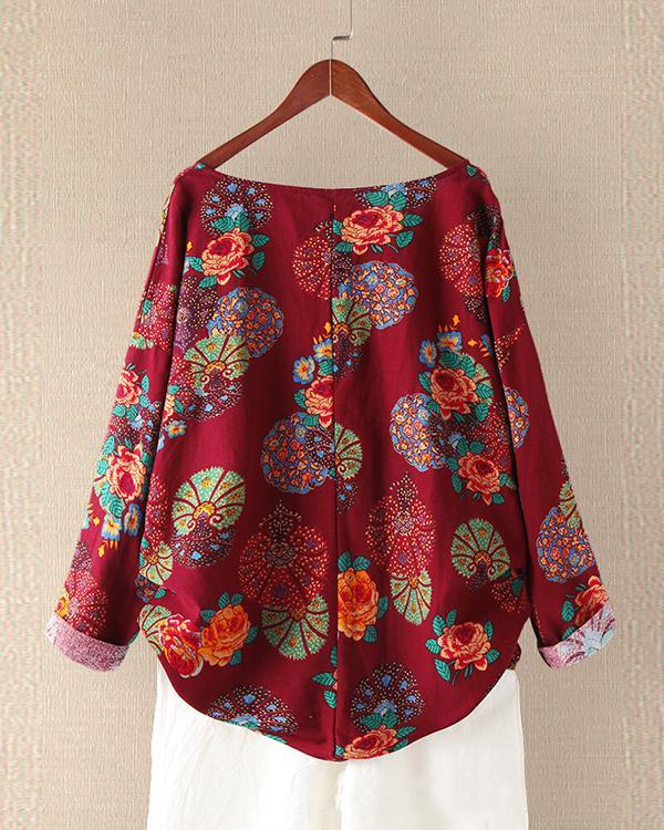 Plus Size Round Neck Vintage Floral Linen Cotton Blouses