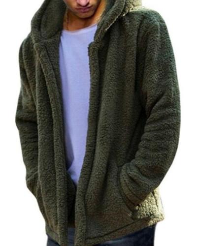 Mens Winter Casual Loose Fleece Solid Color Long Sleeve Warm Coat