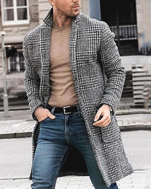 Mens Lapel Plaid Long Sleeve Fashion Coat