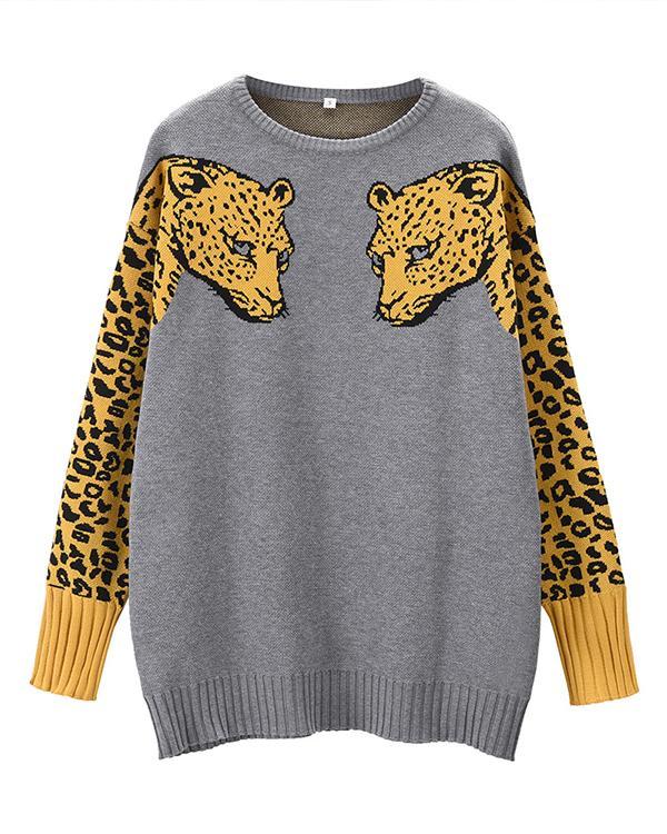 Women's Sweaters Casual Leopard Printed Patchwork Long Sleeves Sweater