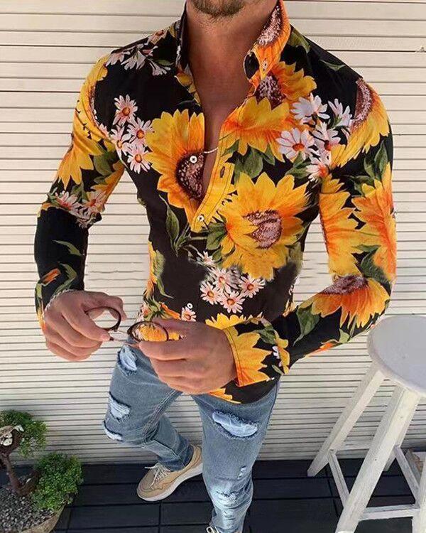 Vintage Floral Sunflower Printed Long Sleeve Slim Fit Shirts