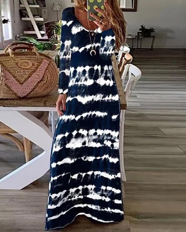 Casual Tie Dye Long Sleeve V-neck Maxi Dress