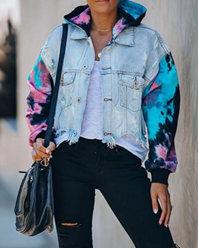 Tie Dye Knit Hooded Denim Jacket