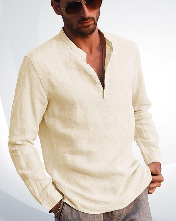 Men's Cotton Linen Henley Shirt Long Sleeve Casual T-Shirt