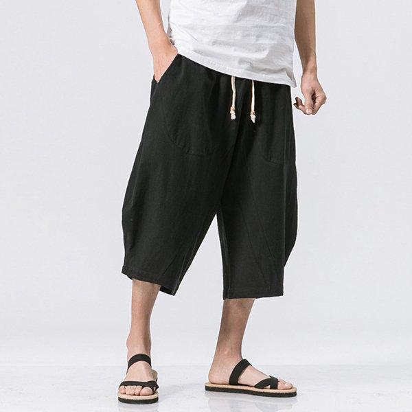 Breathable Cotton Linen Calf Length Loose Drawstring Shorts