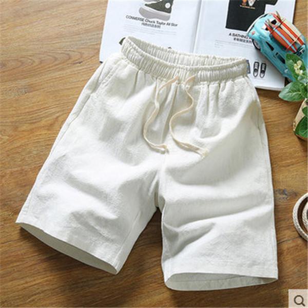 Summer Cotton Linen Drawstring Solid Color Knee Length Casual Shorts