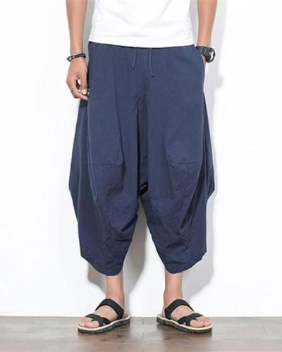 Cotton Harem Pants Solid Color Loose Fit Wide Leg Trousers