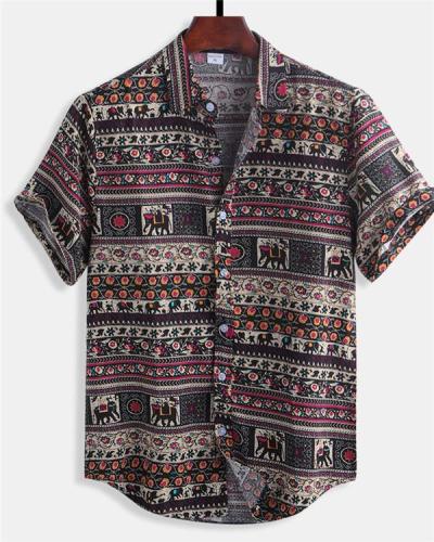 Men Floral Printed Ethnic Style Cotton Shirts Loose Casual Shirt Tops