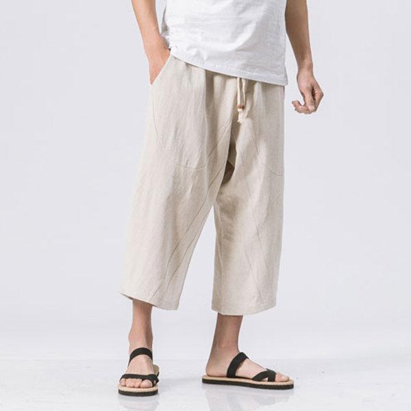 Breathable Cotton Linen Calf Length Loose Drawstring Shorts