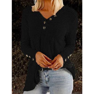 V Neck Long Sleeve Solid Buttoned T-Shirts