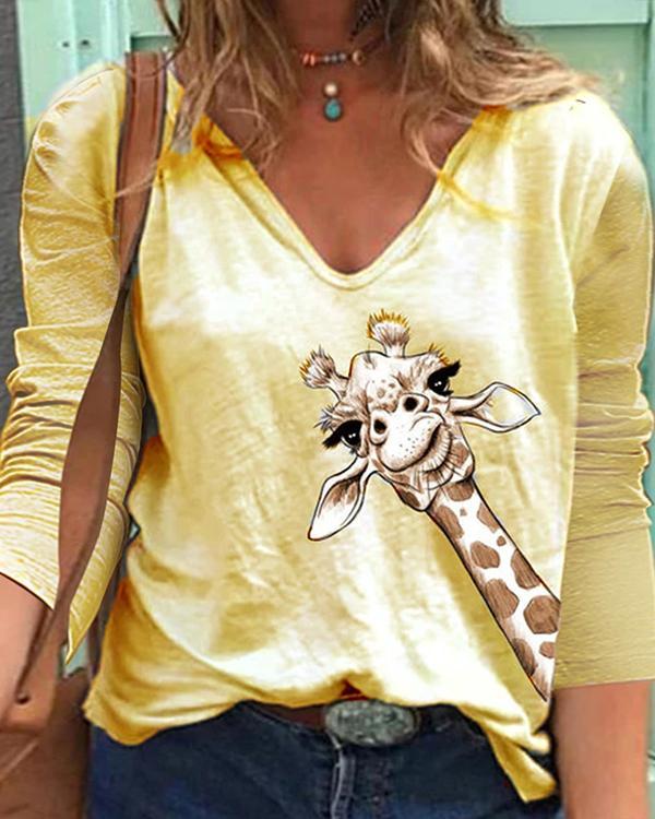 Women Animal Print V Neck Long Sleeve T-Shirts