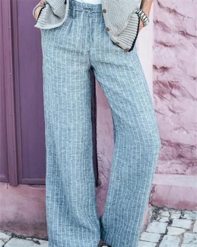Striped Print Paneled Side Pockets Self-tie Casual Wide Leg Pants
