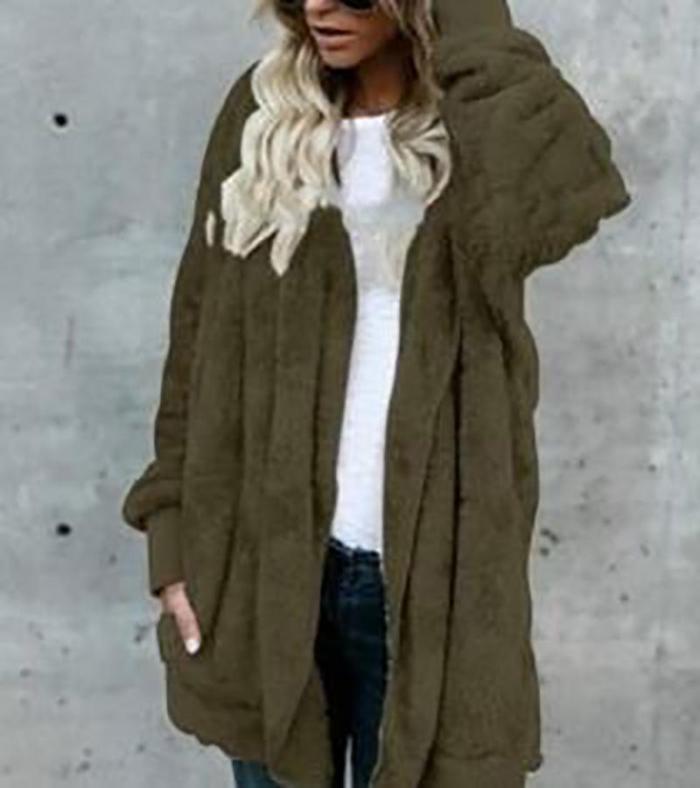 Solid Casual Long Sleeve Hoodie Faux Fur Velvet Pockets Coat