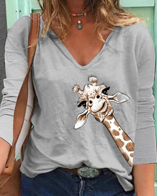 Women Animal Print V Neck Long Sleeve T-Shirts