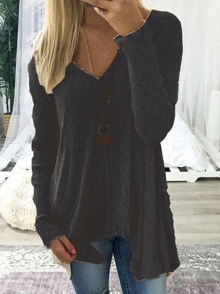 V neck Cotton Solid Casual Long Sleeve Sweater