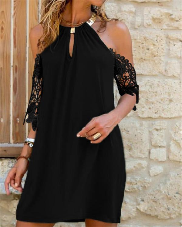 Lace Solid Cold Shoulder Sleeve Shift Above Knee Casual Vacation Dresses