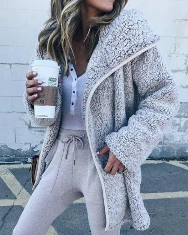 Cashmere Shawl Collar Solid Long Sleeve Teddy Bear Coats