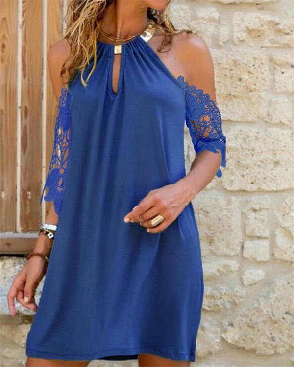Lace Solid Cold Shoulder Sleeve Shift Above Knee Casual Vacation Dresses