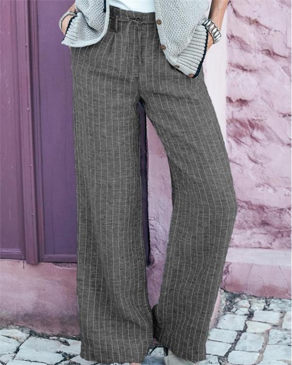 Striped Print Paneled Side Pockets Self-tie Casual Wide Leg Pants
