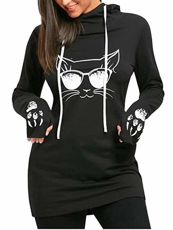 Women's Cat Print Hoodies Pullover Cute Thumb Hole Hooded Sweatshirts