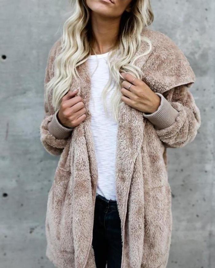 Solid Casual Long Sleeve Hoodie Faux Fur Velvet Pockets Coat