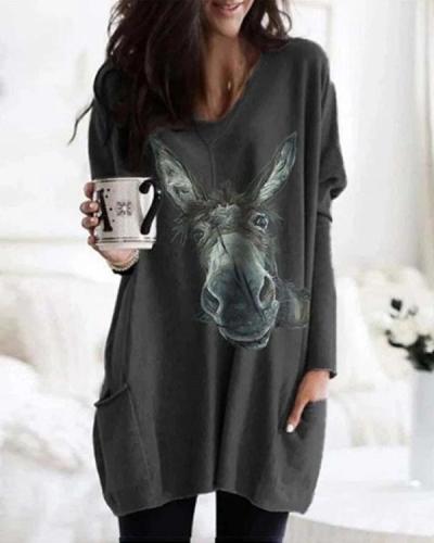 Cartoon Animal Print Long Sleeve Pockets Casual Blouses Tops