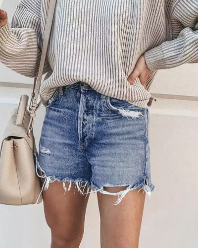 Light Blue Denim Holiday Solid Color Shorts Pants